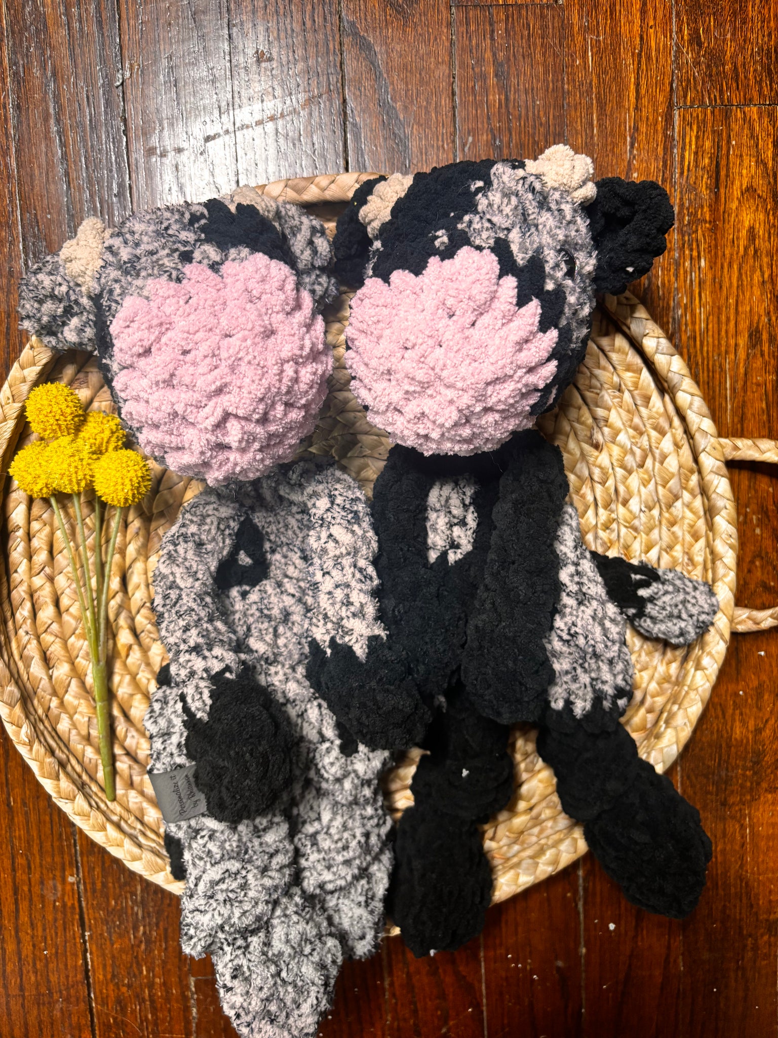 Black speckled cow stuffie