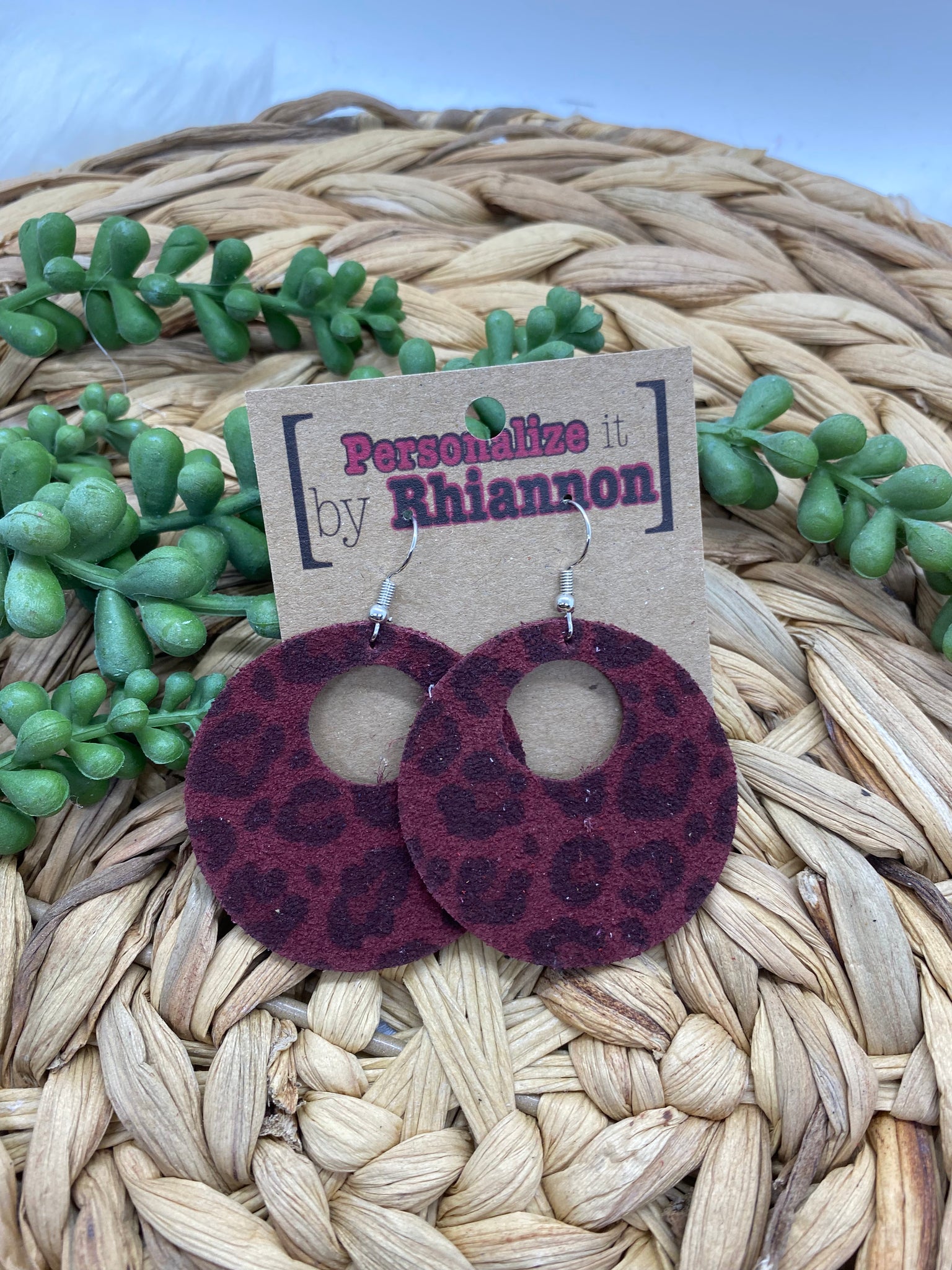 Maroon cheetah circle earring